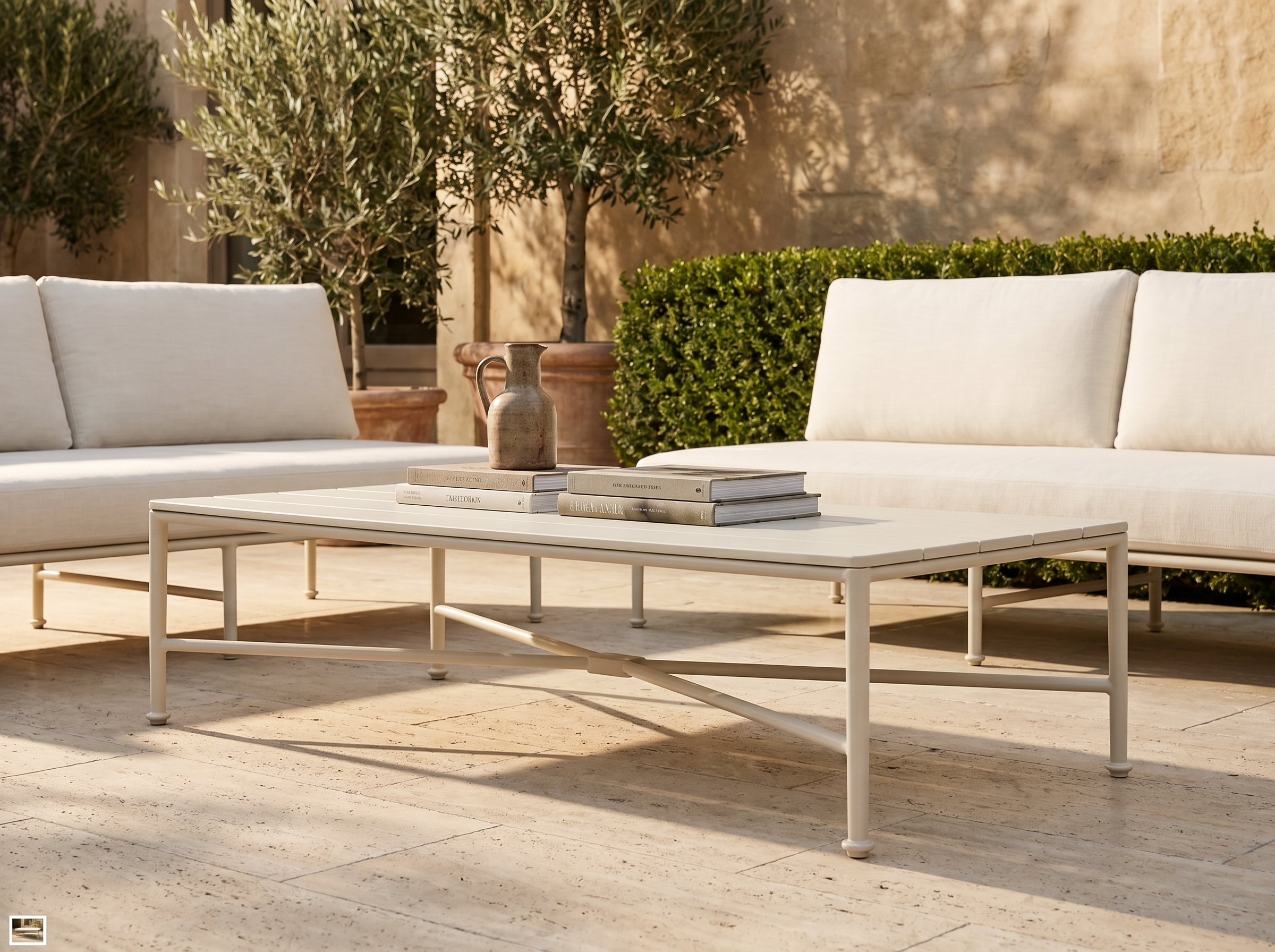 Borrego Outdoor Coffee Table in Bone White — In situ