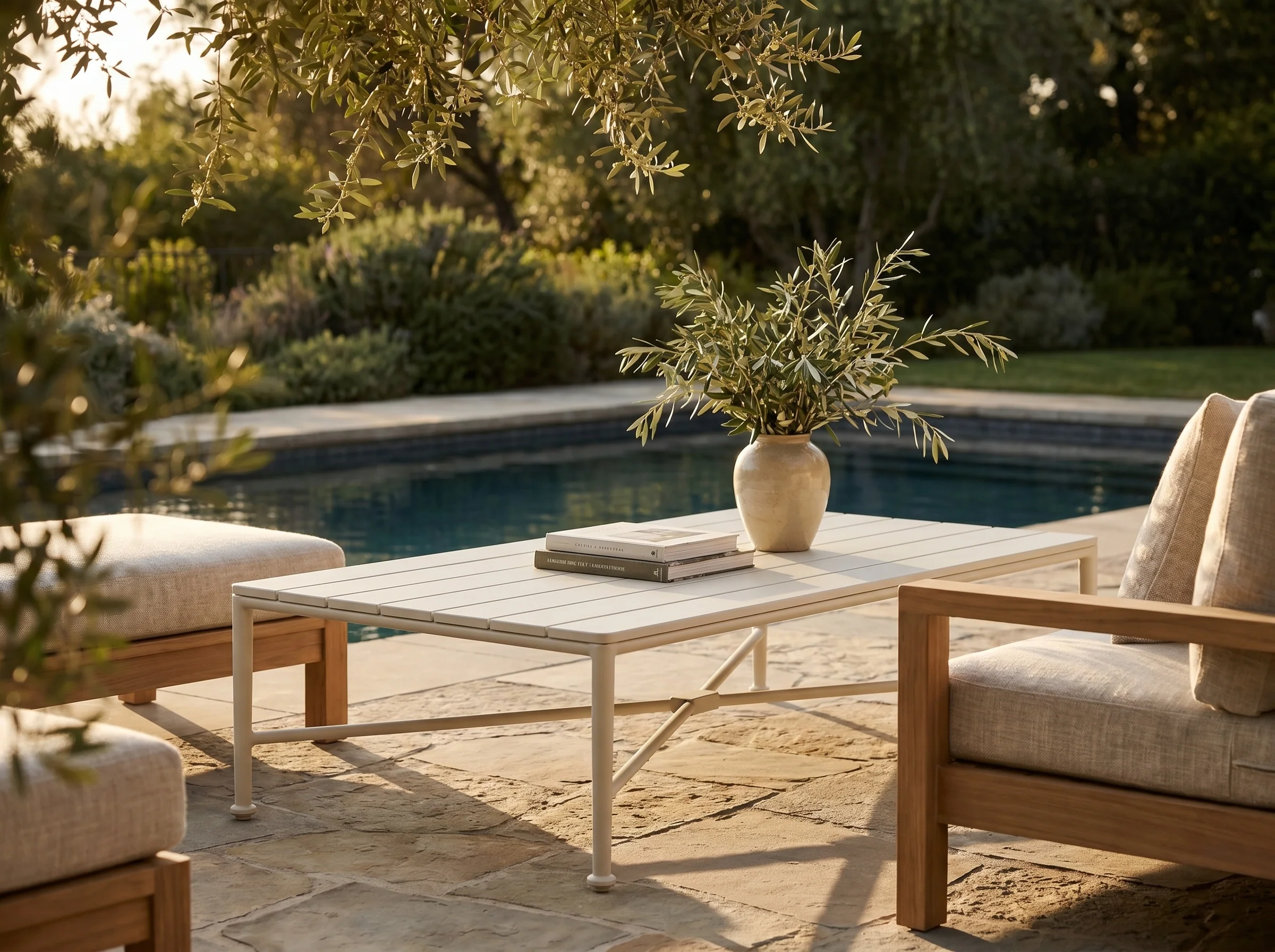 Borrego Outdoor Coffee Table in Bone White, Styled