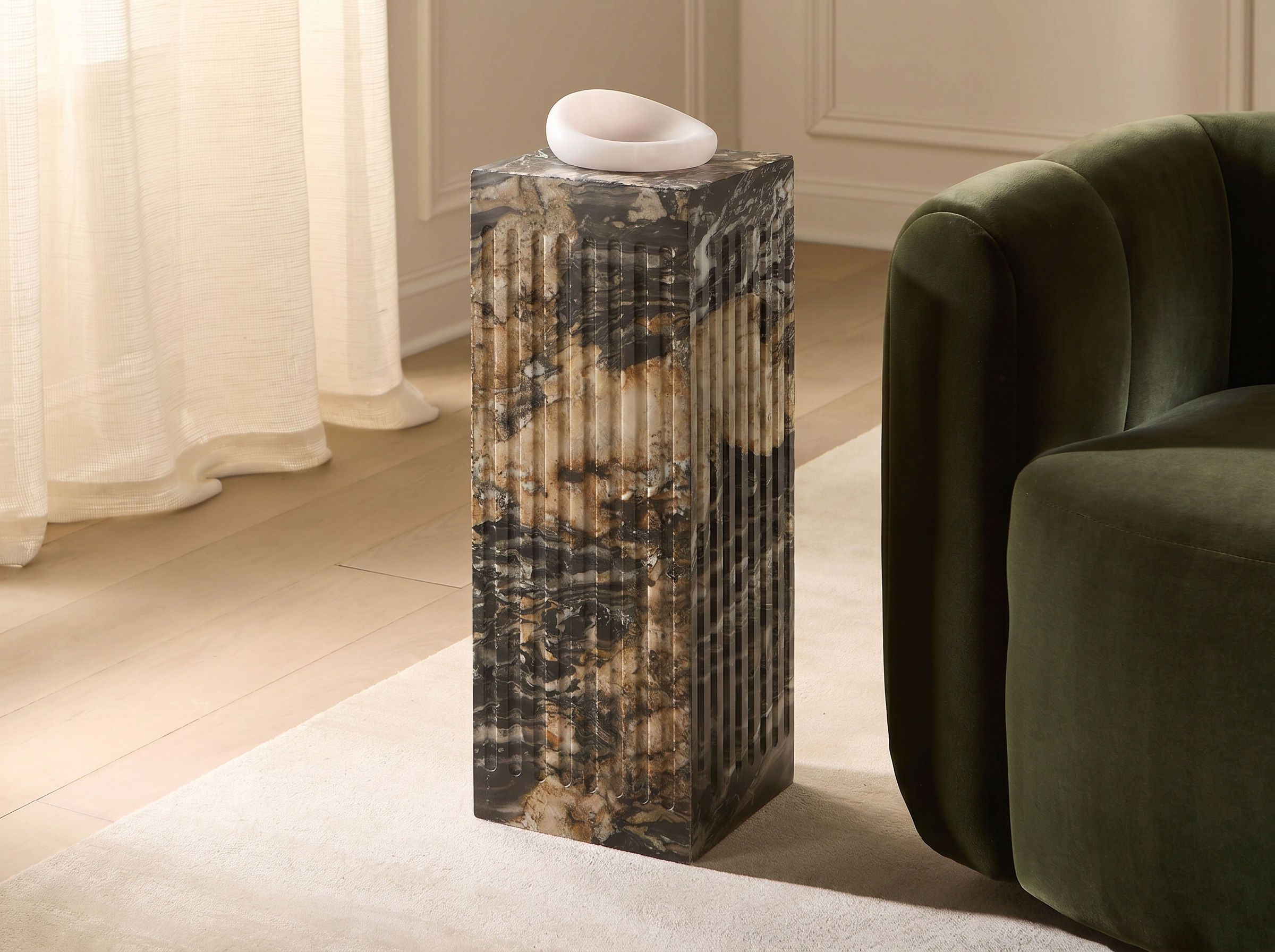 Coronado Fluted Marble Side Table in Black Forest Marble — Detail