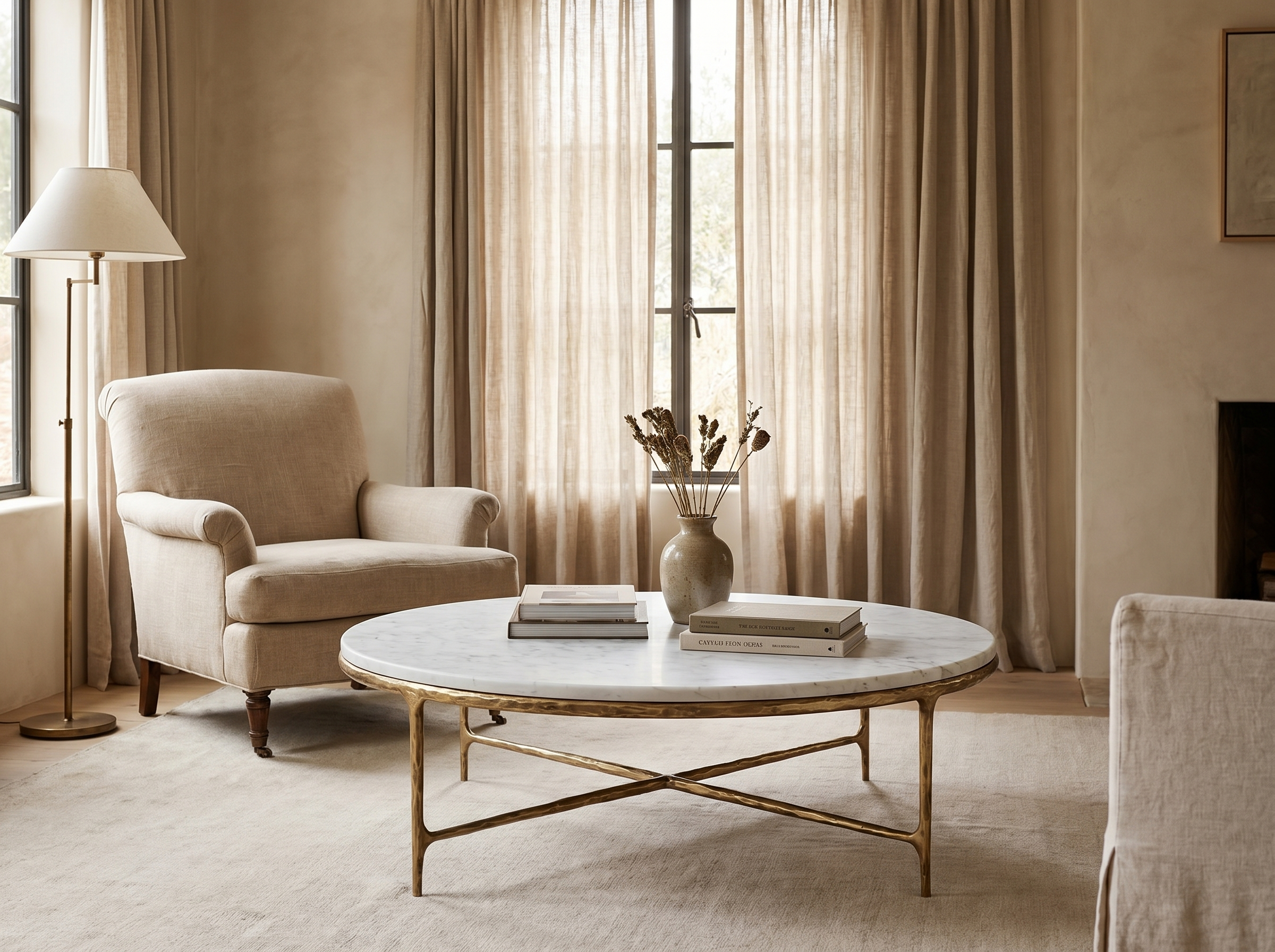 Cortez Round Forged Marble Coffee Table in Forged Brass — Styled