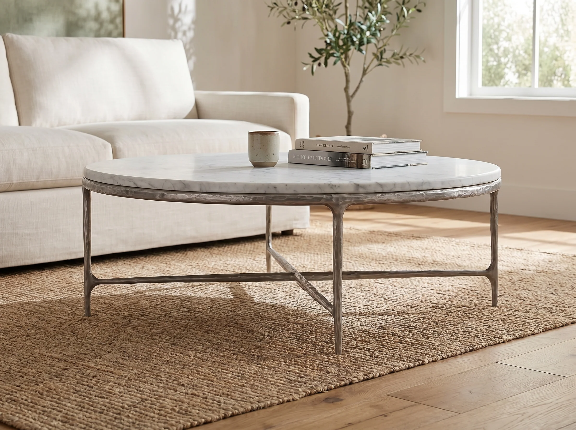 Cortez Round Forged Marble Coffee Table in Raw Stainless, In situ