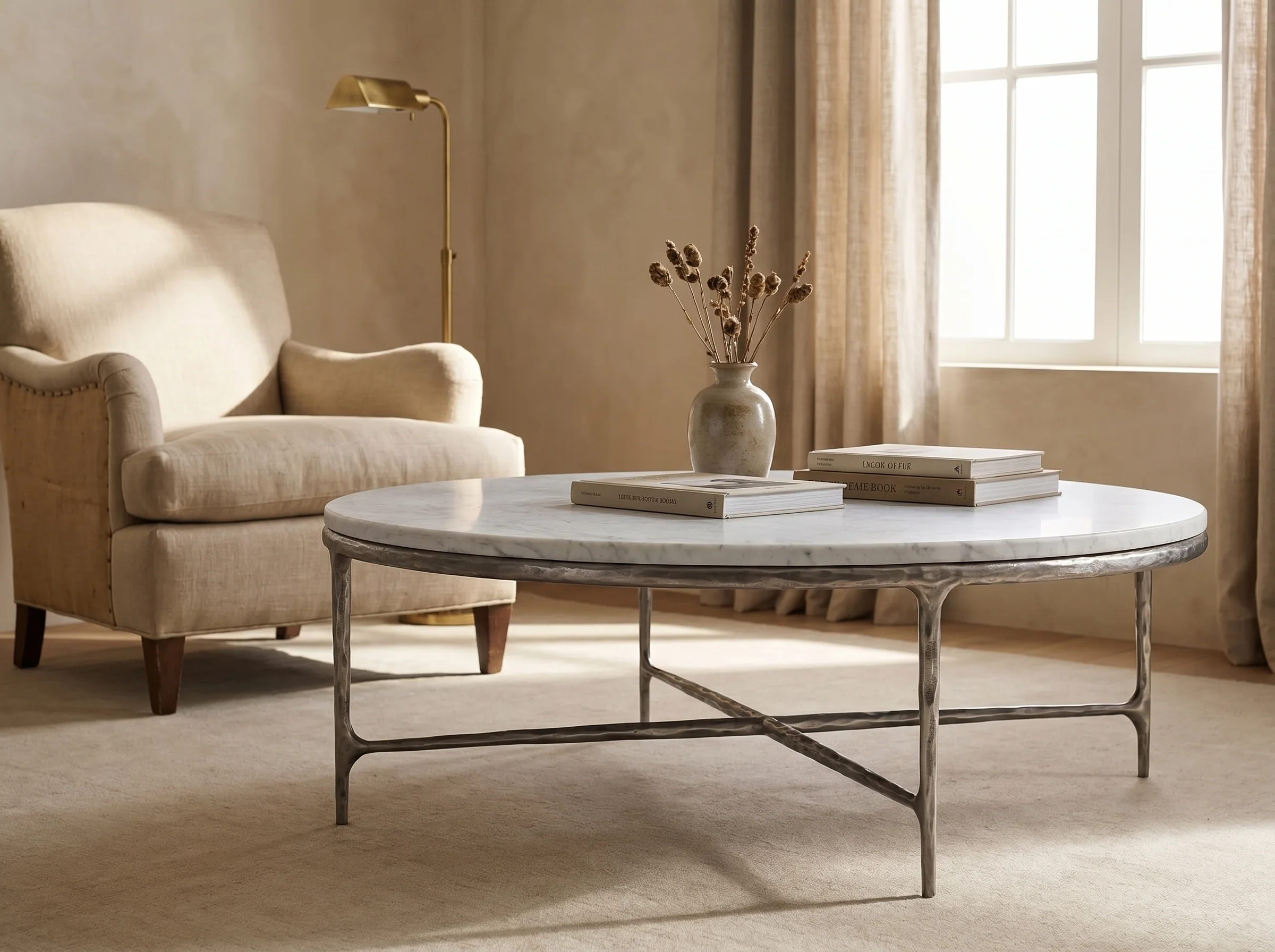 Cortez Round Forged Marble Coffee Table in Raw Stainless, Styled