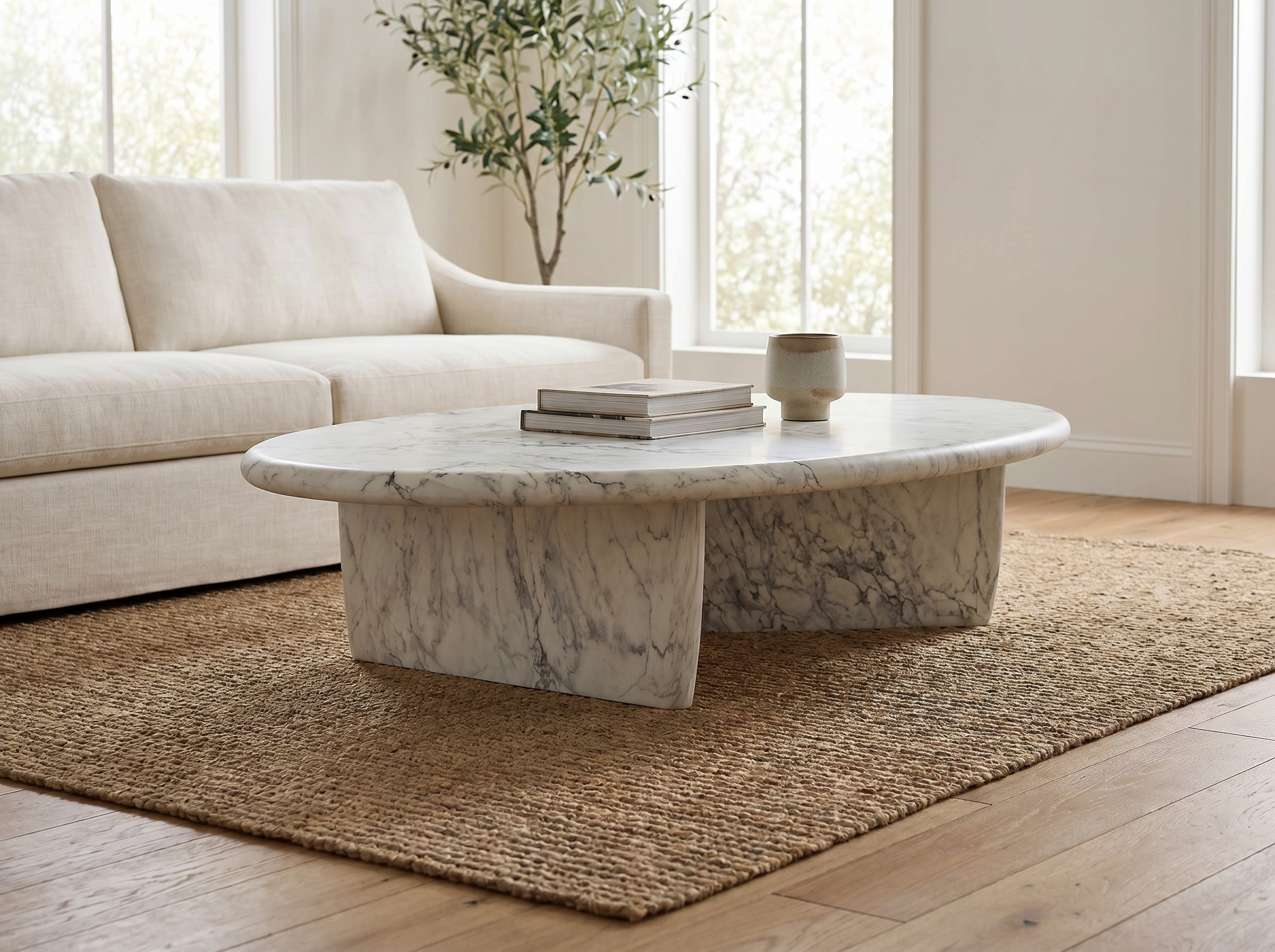 Del Mar Cast Coffee Table in White Marbled, In situ