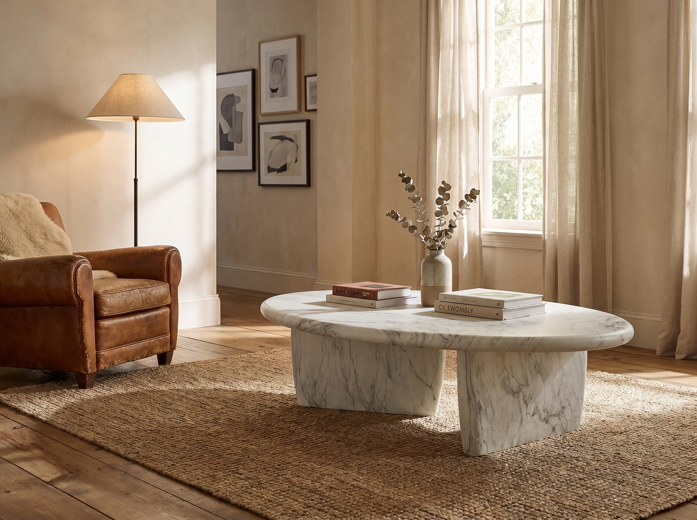 Del Mar Cast Coffee Table in White Marbled, Styled