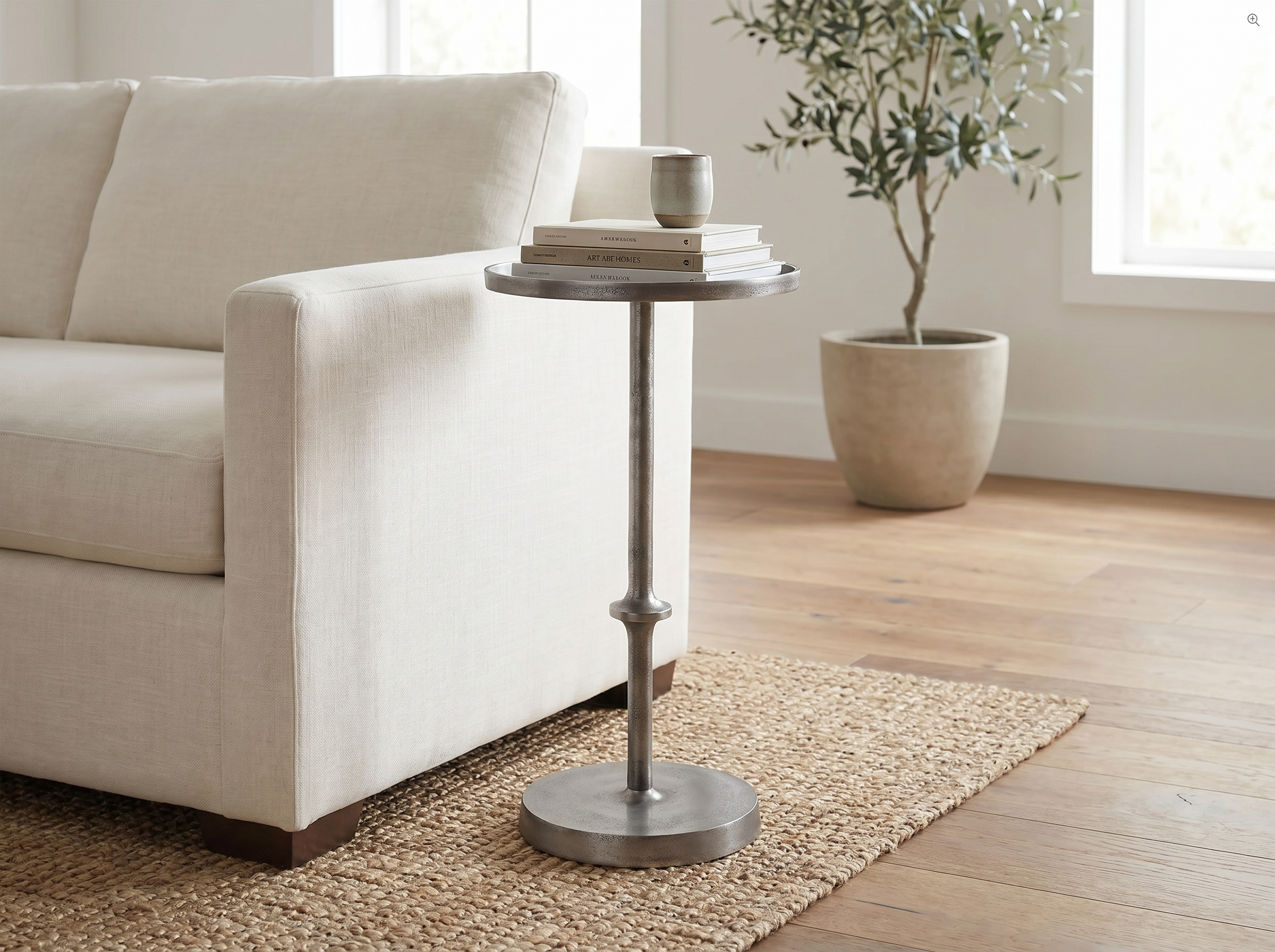 Encinitas Pedestal Side Table in Antiqued Silver — In situ