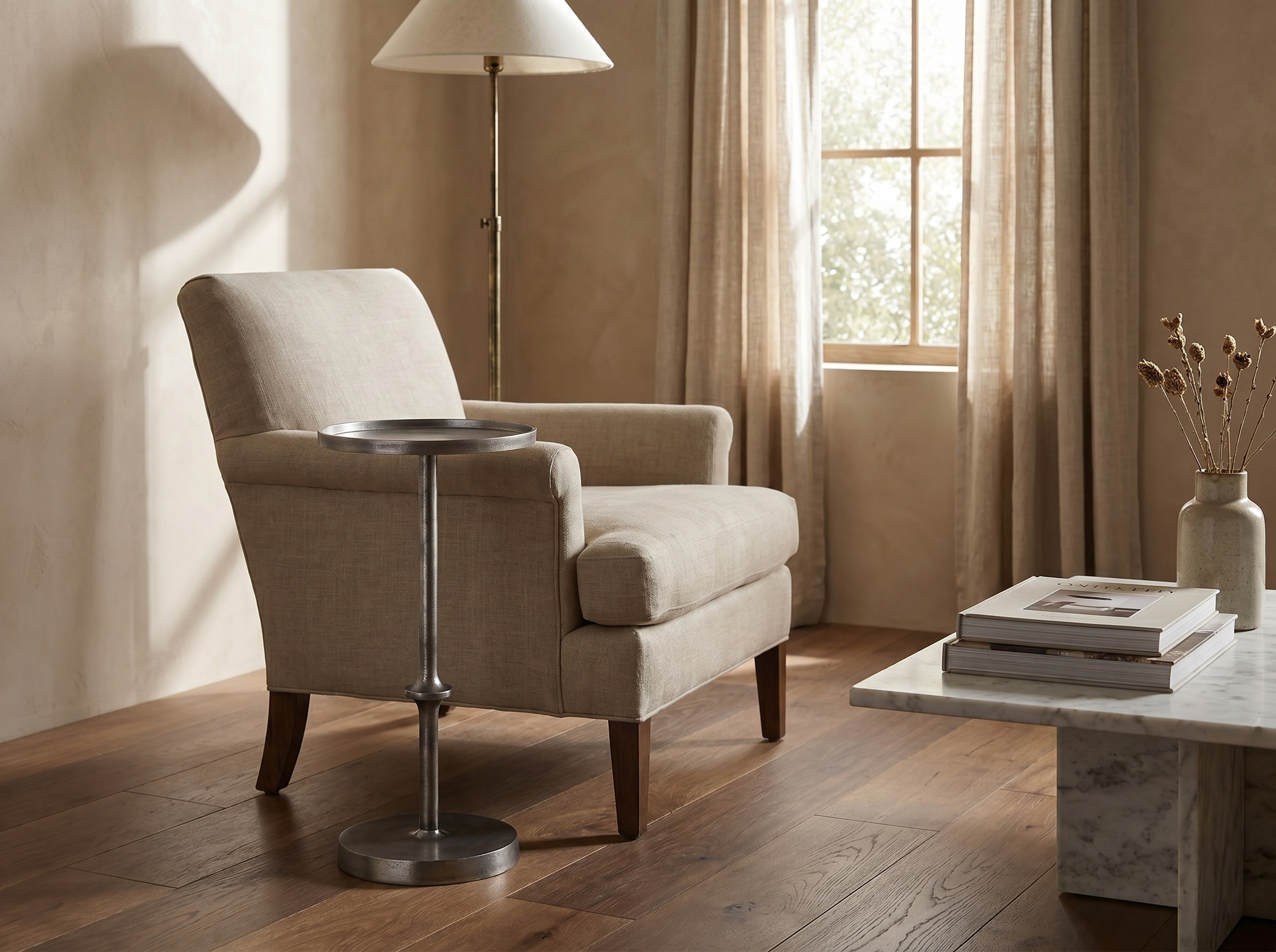 Encinitas Pedestal Side Table in Antiqued Silver — Styled