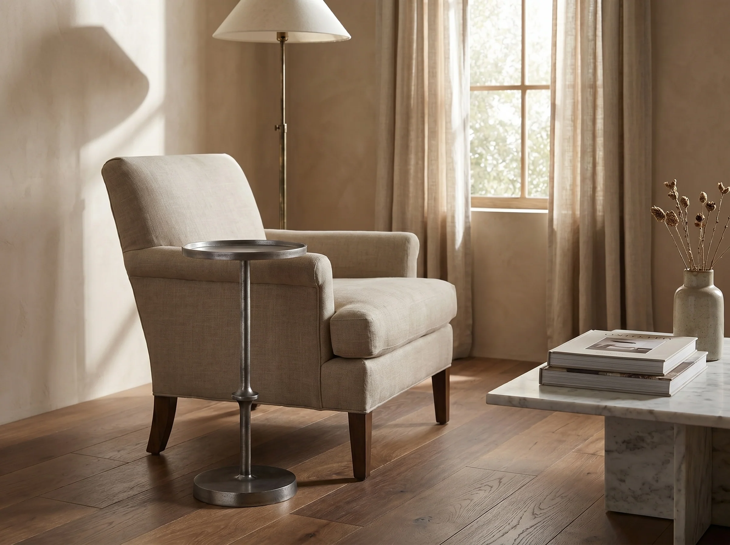 Encinitas Pedestal Side Table in Antiqued Silver, Detail