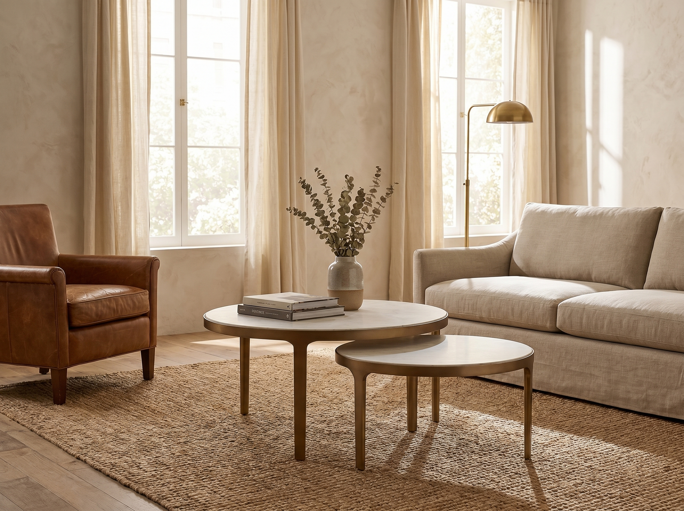 La Jolla Nesting Coffee Tables in Aged Bronze — Styled