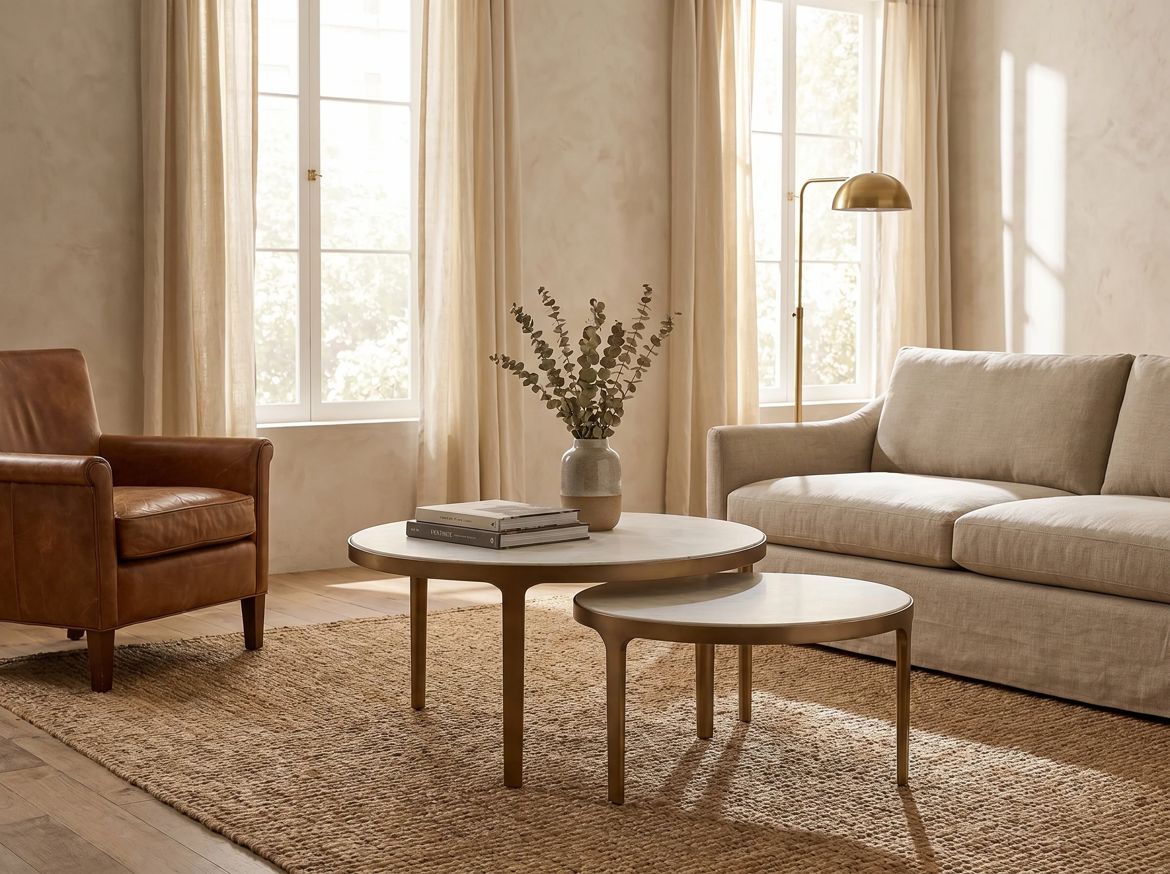 La Jolla Nesting Coffee Tables in Aged Bronze, Styled
