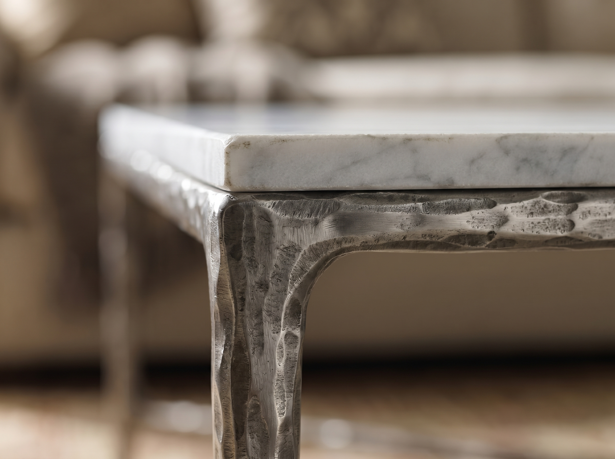 Otay Forged Marble Coffee Table in Raw Stainless — Detail