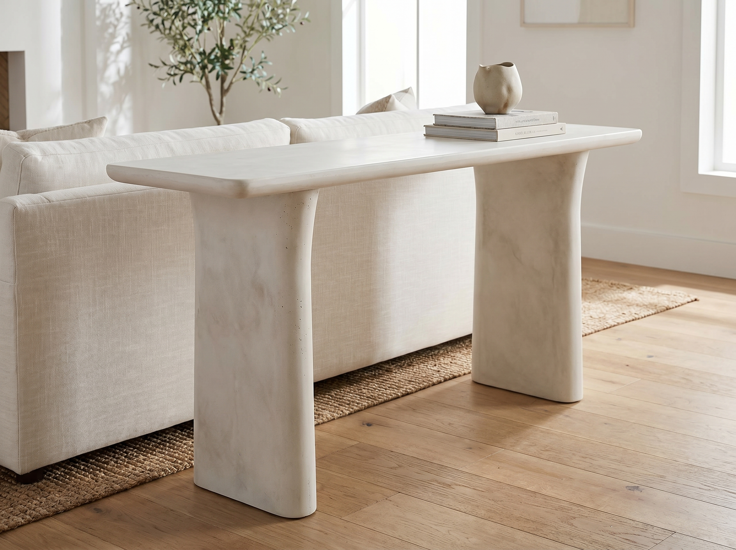 Solana Concrete Console Table in White Concrete — In situ